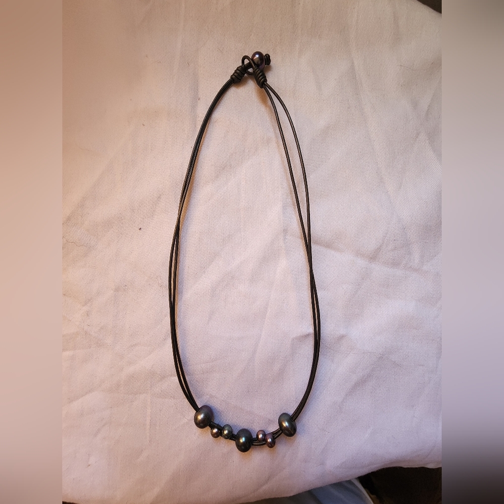 Handmade leather and pearl necklace